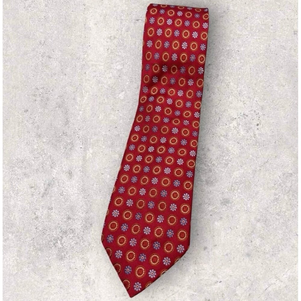 ZANETTI Silk Tie ITALY XL Red Blue Gold Geometric Floral W:3.6"